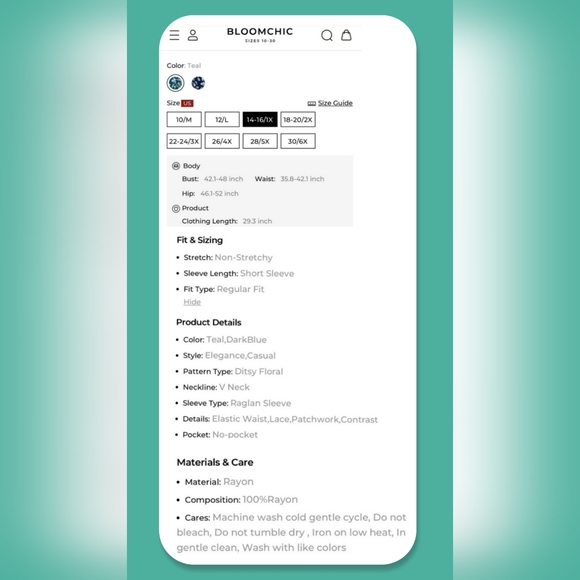 BloomChic Ditsy Floral Ruffles Raglan Sleeve Contrast Lace Blouse-Teal Sz 14-16 - Picture 5 of 5